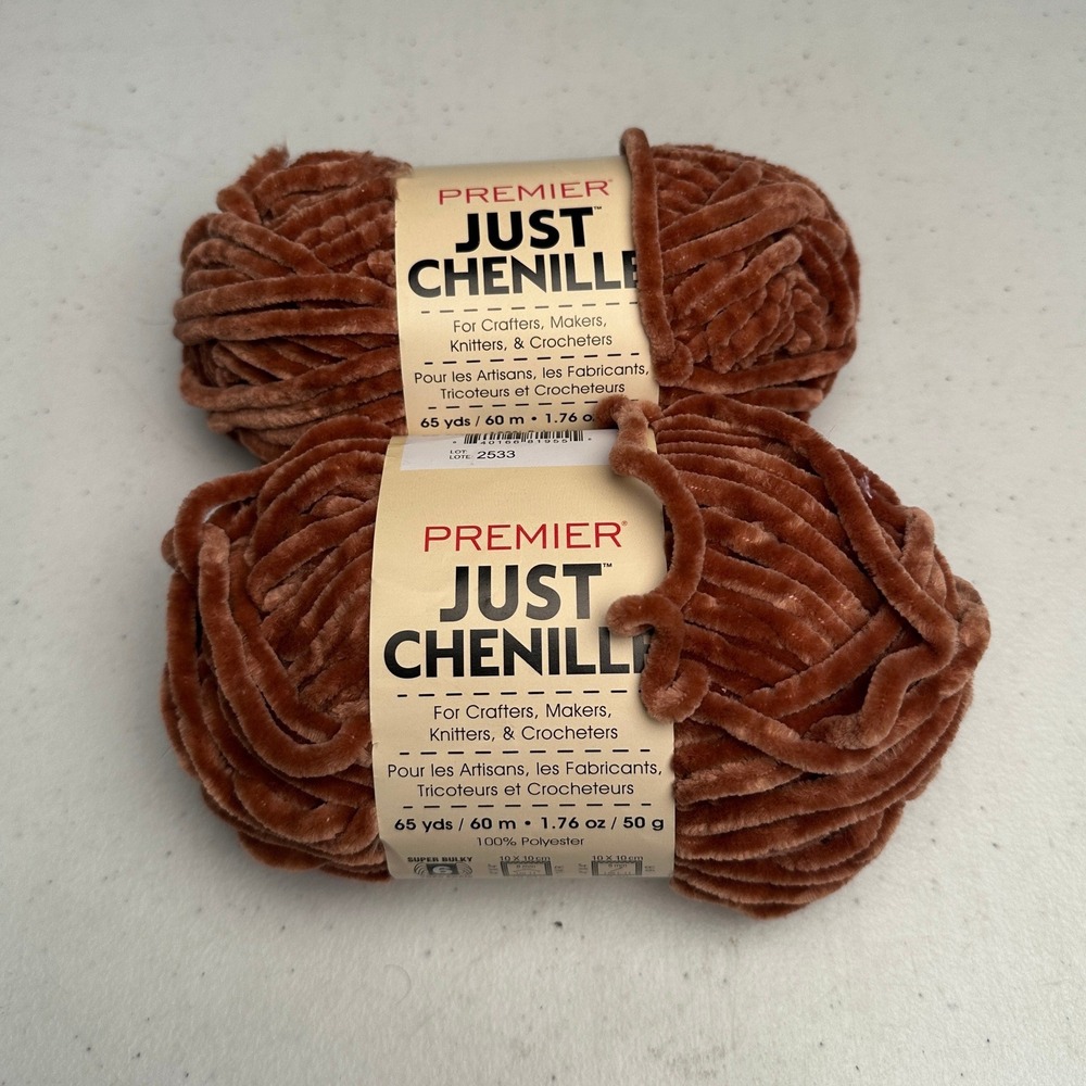 Premier Just Chenille Yarn Cocoa Brown Super Bulky 2 Skeins Matching Lot 65yd Ea